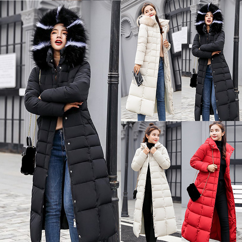 Womens Winter Long Down Cotton Parka Coat Warm Fur Collar Hooded Jacket Outwear