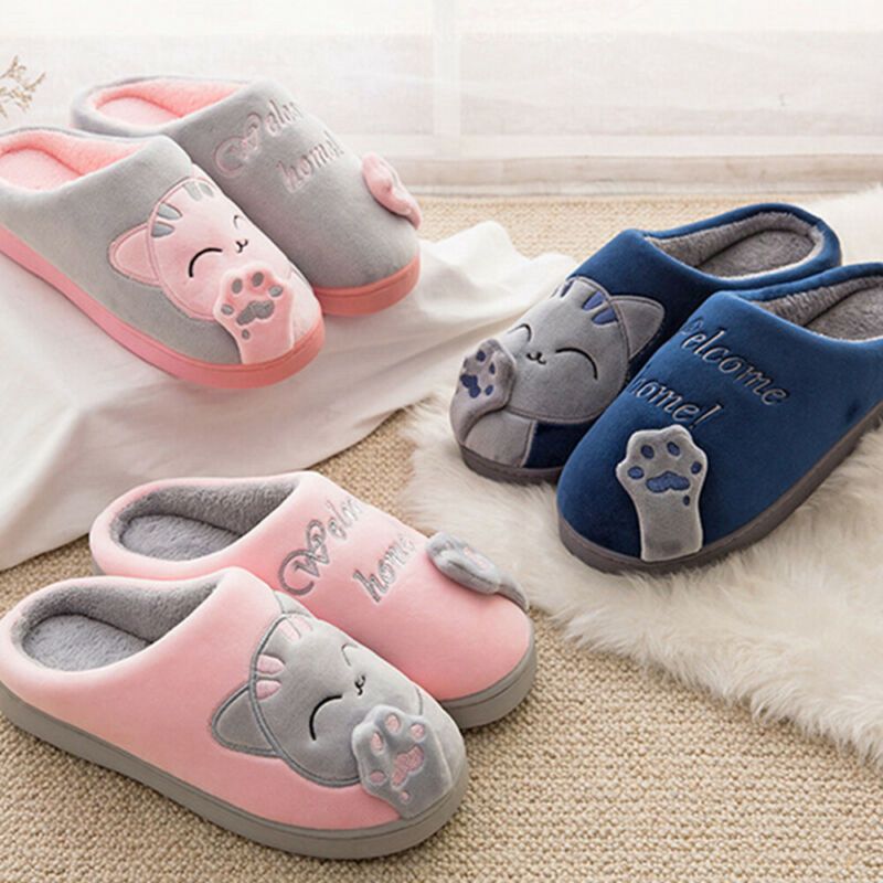 Slippers Indoor Womens Soft Anti-Slip Cute House Shoes Cat Plush Winter ...