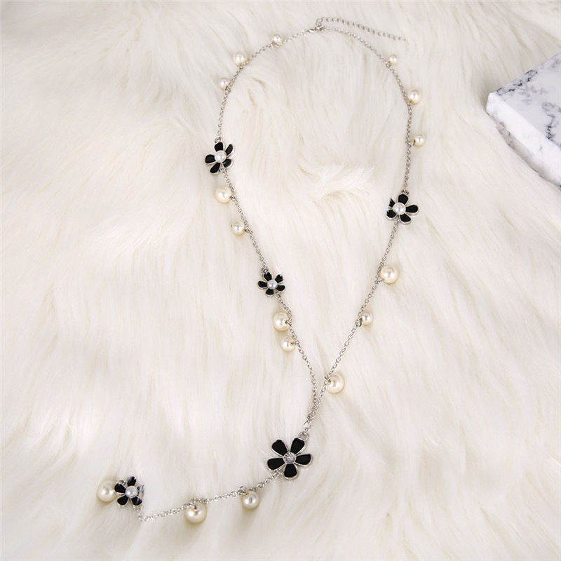 Womens Fashion Simulated Pearl Flowers Long Necklace Jewelry Sweet Sweater Chains Collar Long Necklace
