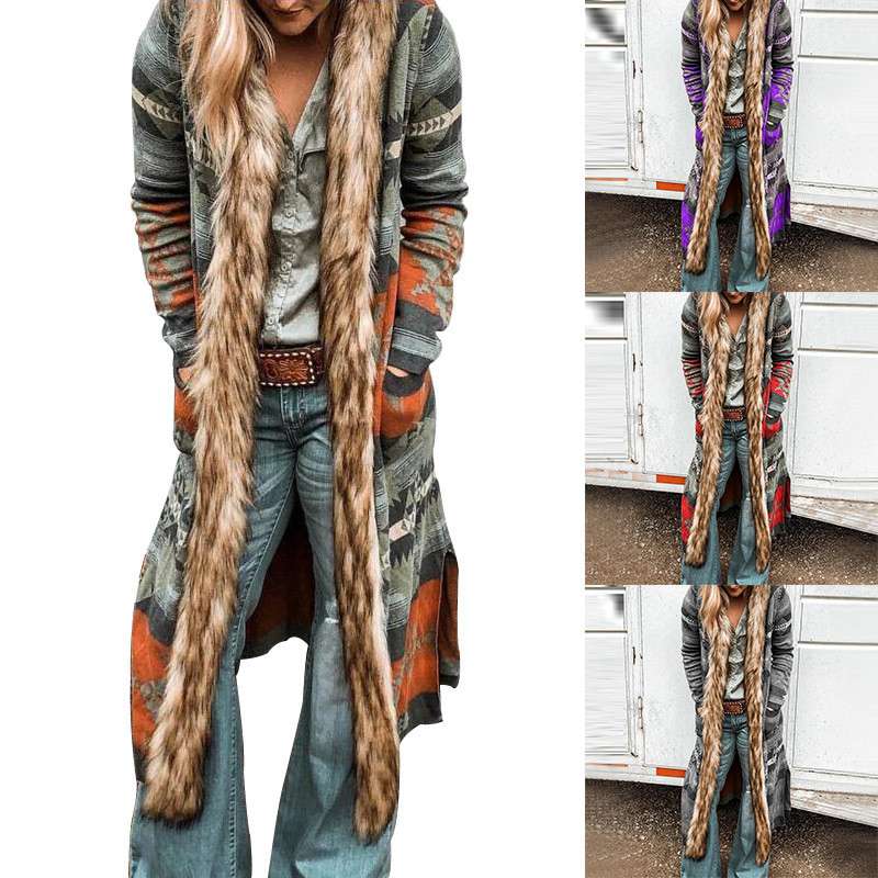 ethnic printed faux fur hooded fleece autumn winter coat