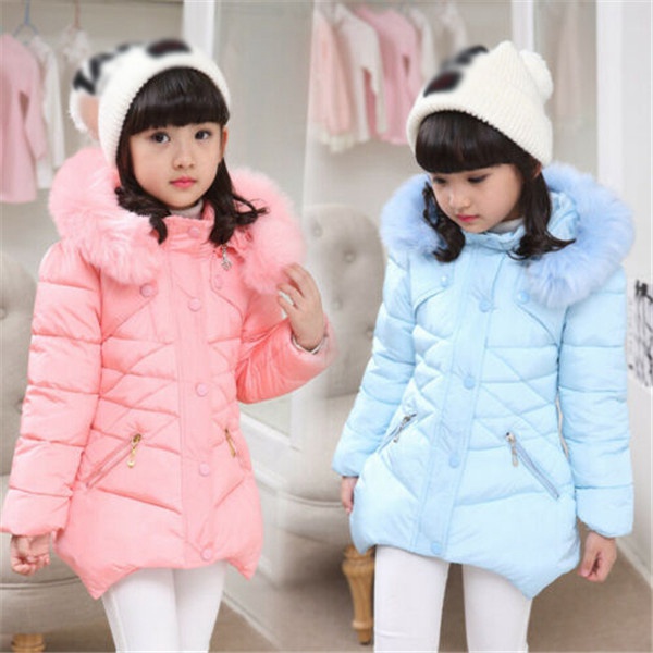 Girls Warm Winter Hooded Coat Baby Children Padded Thick Parka Long Fur Jacket