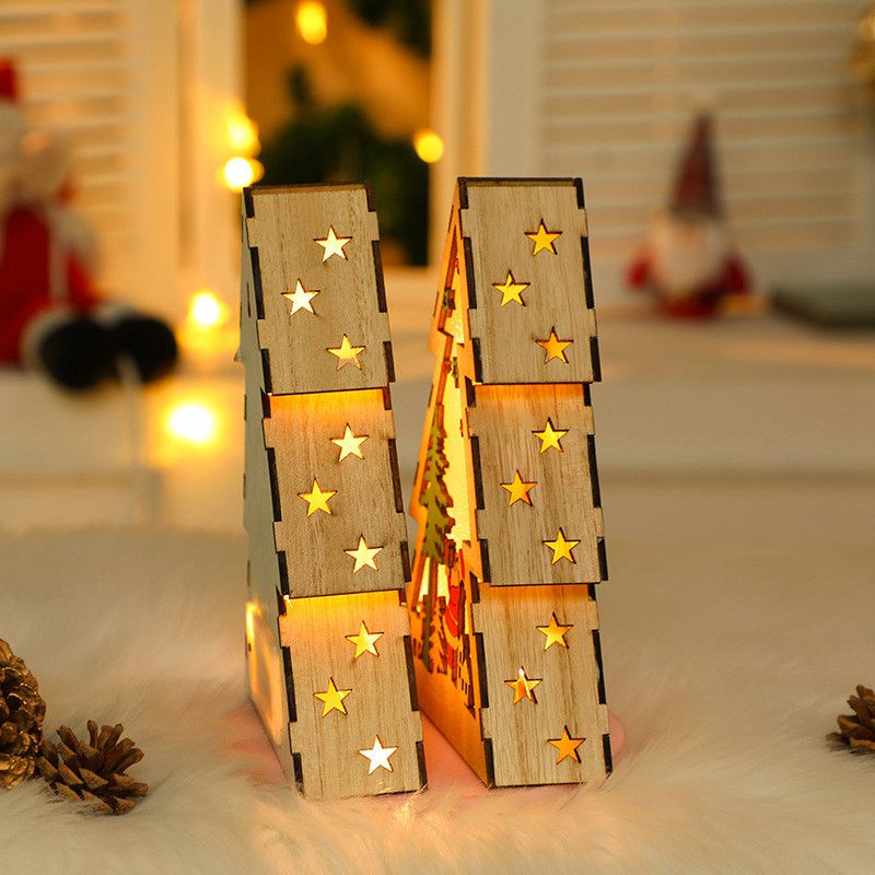 Christmas Decoration LED Light Santa Hanging Ornament Wooden House Xmas
