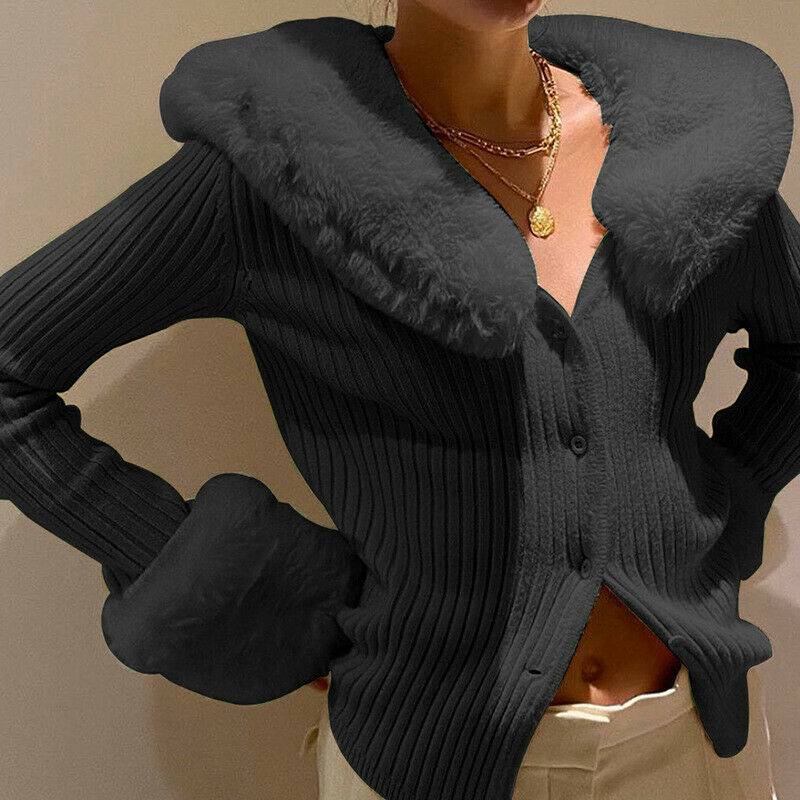 Sweater Fur Collar Womens Fashion Pullover Cardigan Tops Button Long