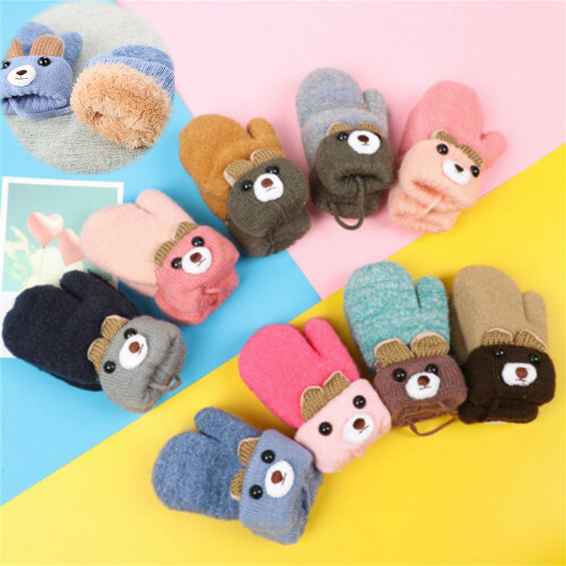 0-3 Years Old Cartoon Baby Boys Girls Gloves Winter Thick Warm Knitted Mittens 