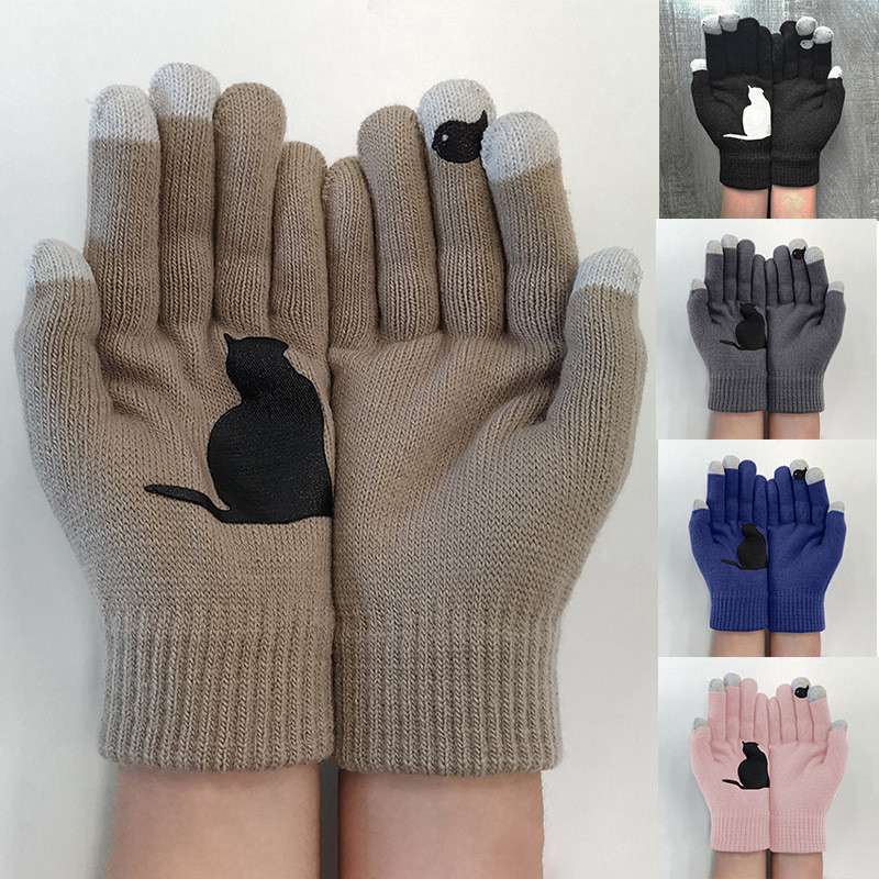 Knitted Gloves Women Animal Cat Print Lady Mittens Thermal Unisex Full Gloves eBay