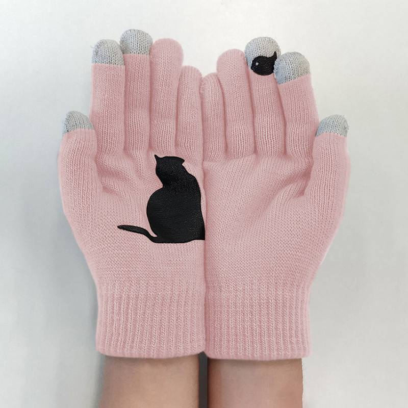 Knitted Gloves Women Animal Cat Print Lady Mittens Thermal Unisex Full Gloves eBay