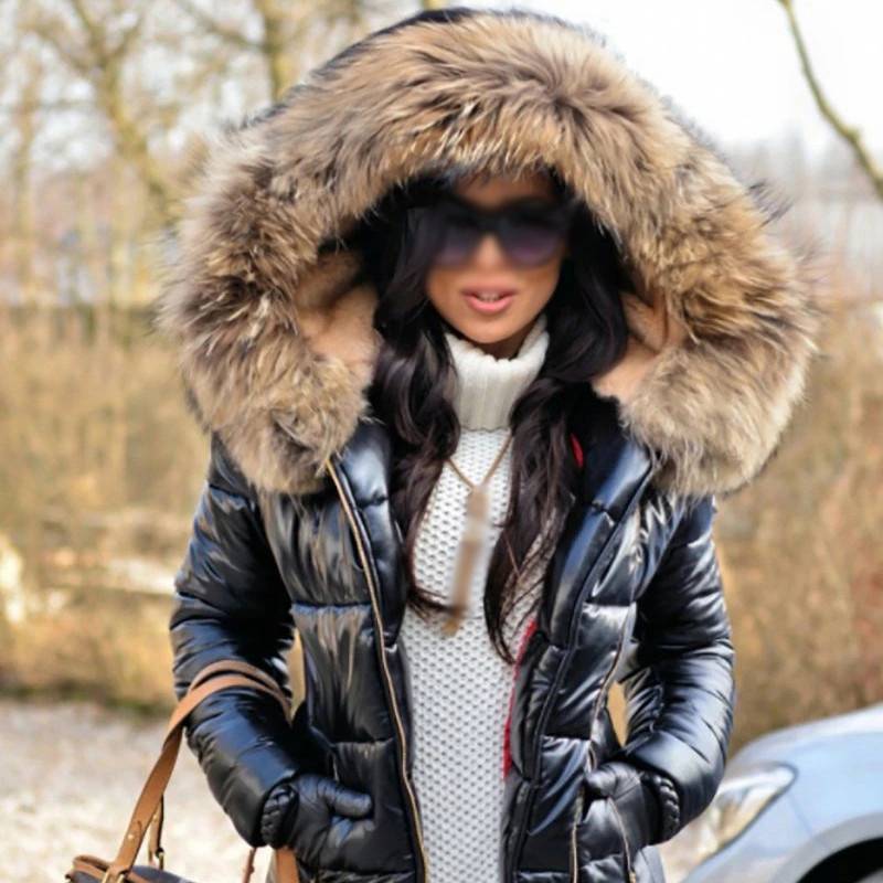 Hooded Thick Coat Wet Look Women's Padded Jacket Quilted Puffer Fur Black  Shiny | eBay