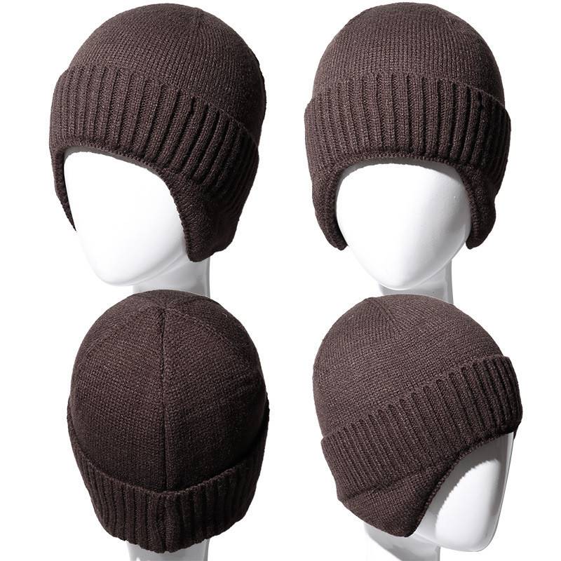 BEANIE MENS KNIT CAP WINTER HAT PEAKED IMITATION FLEECE LINED EAR FLAPS