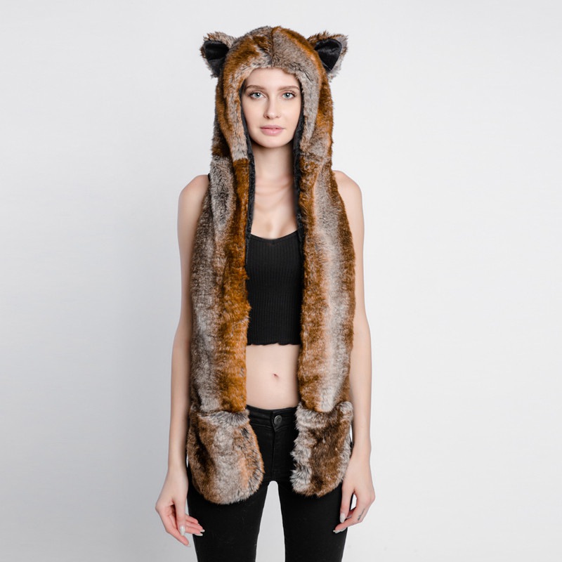 Gift Paws Animal Ears 3in1 Hood Mittens Scarf Faux Fur Women Fashion | eBay