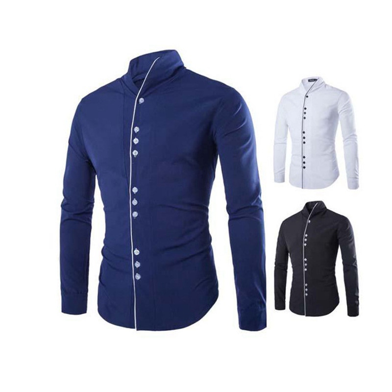Men's shirt Fashionable placket contrast stand collar | eBay