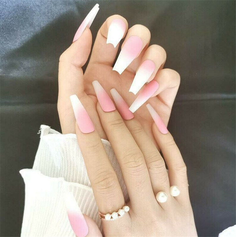 Fake Nails Press On Ombre Ballerina Matte Pink White Long Coffin False Nails Ebay