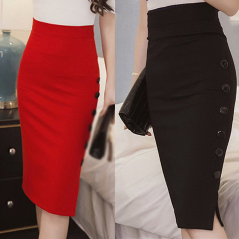 Office Skirt Bodycon High Waisted Button Womens Ladies Pencil Skirt ...