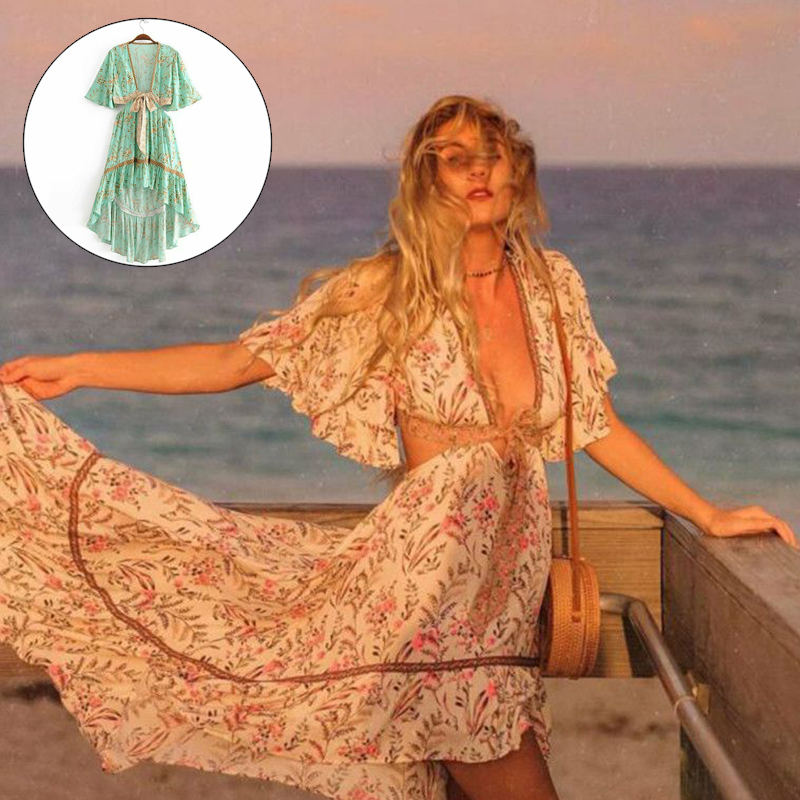 Women's Long Boho Maxi Dress – Floral, V-Neck, Short Sleeve – Beach Summer Sundress