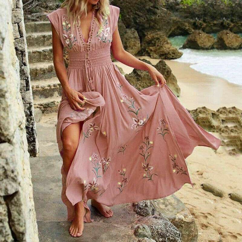 Floral Maxi Dress Floral V Neck Sleeveless V Neck Summer Ladies Beach Dress  | eBay