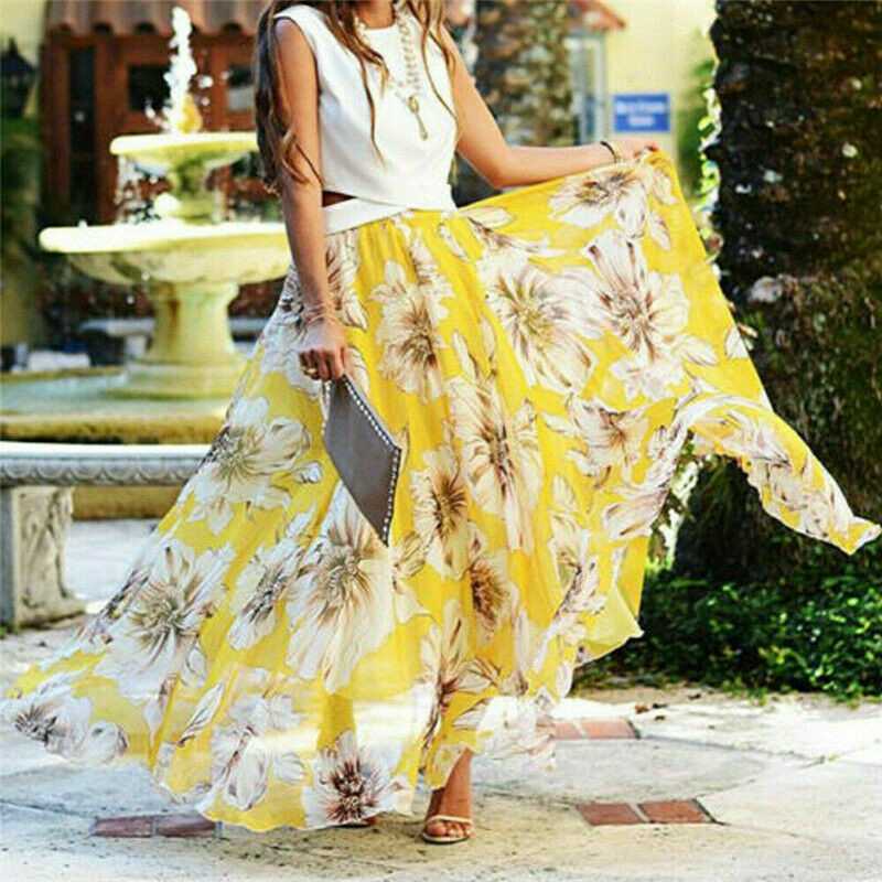 Casual Womens Ladies Floral Loose Waist Skirts Sundress