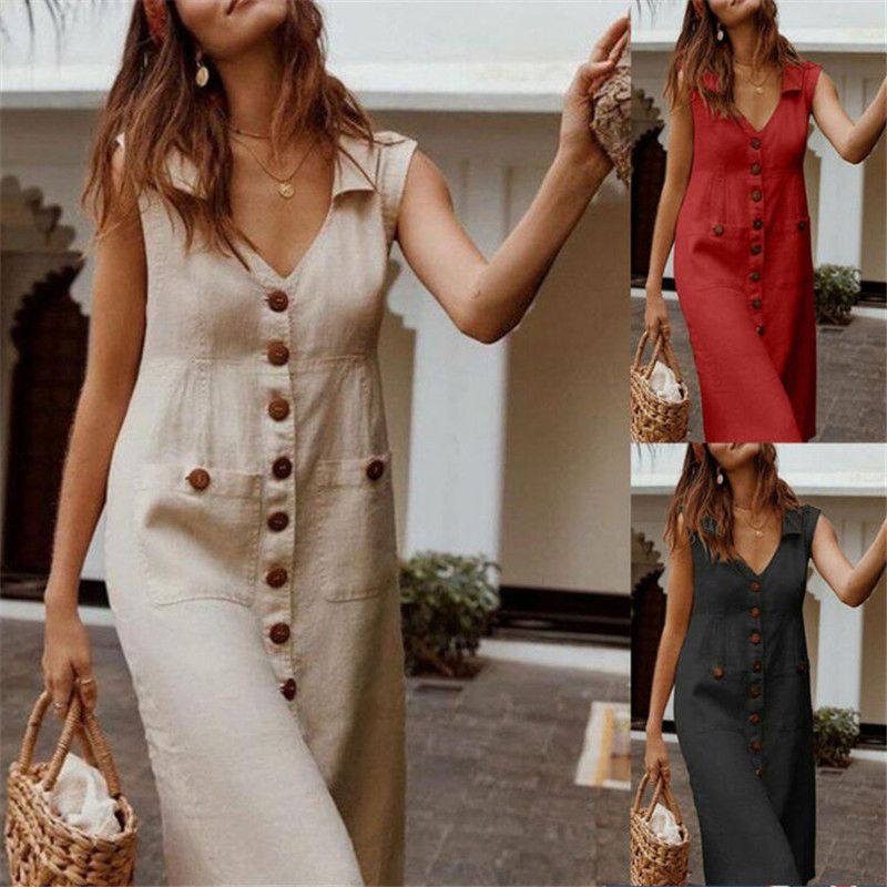 ladies summer dress with pockets Midi Dress Pocket V Neck Cotton Linen Button Women Boho _Has Pattern_FALSE