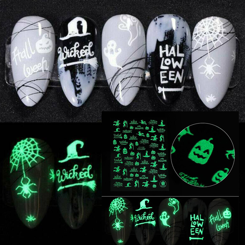Halloween Nail Art Tips Decals Luminous Design Glow in Dark 3D Nail
