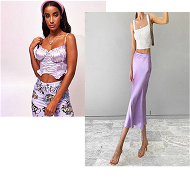 Long Skirt New New Solid Purple Satin Silk Skirt Women High