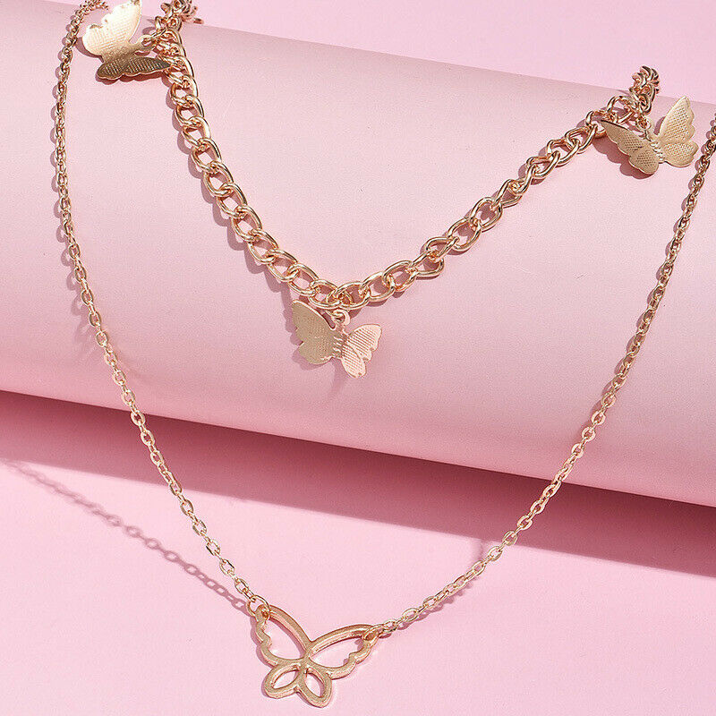 Download Butterfly Pendant Choker Layer Double Necklace Gold Women ...