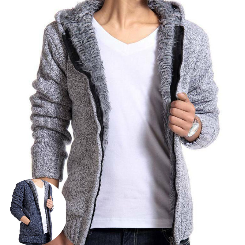 Mens Fur Lined Knitted Hooded Jacket Hoodie Zip Up Winter Warm Coat Outwear