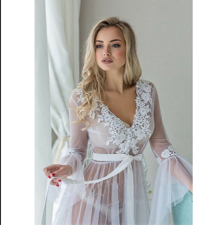 Sleepwear Lingerie Bathrobe Robe White See Through Dress Nightgown Sexy 