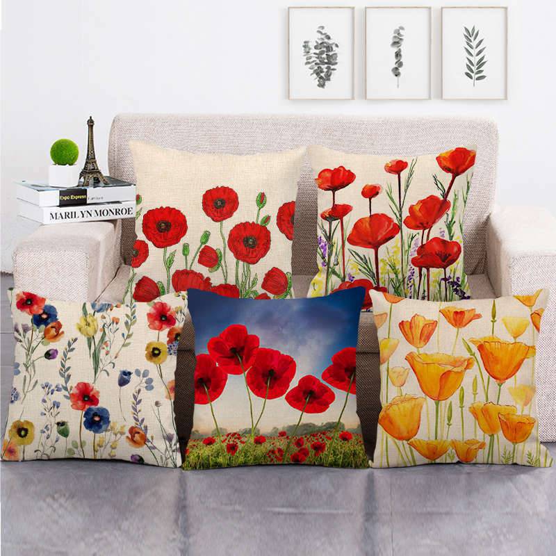 18" Square Red Poppy Sofa Throw Pillow Covers Couch Cushion Case Home Decor | eBay